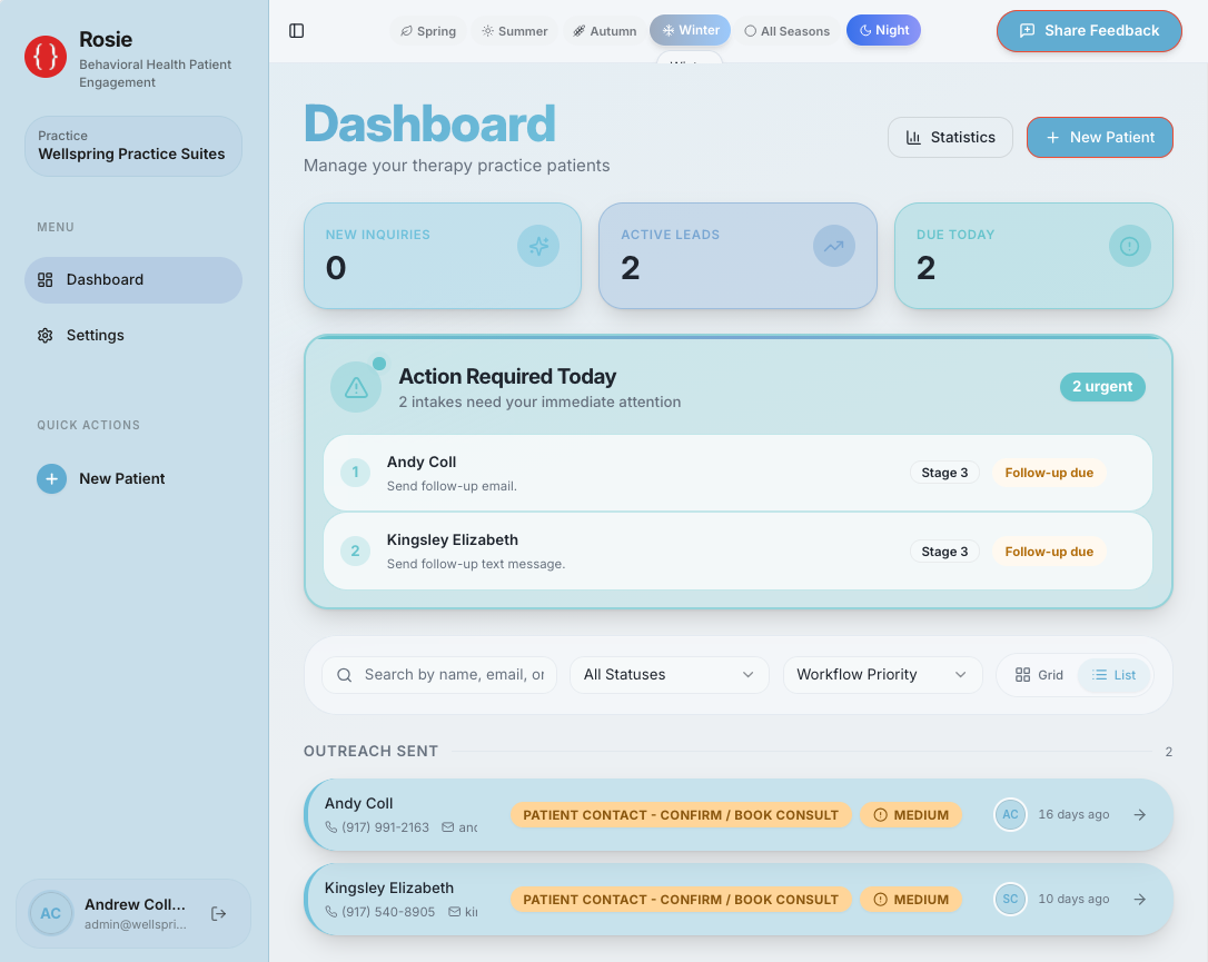 Rosie dashboard — urgent follow-ups and patient outreach at a glance
