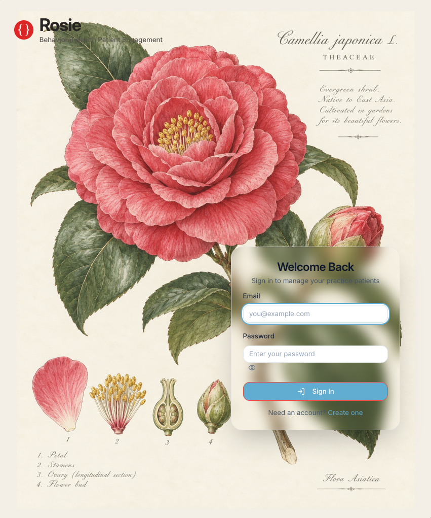 Rosie sign-in screen over a botanical foxglove illustration