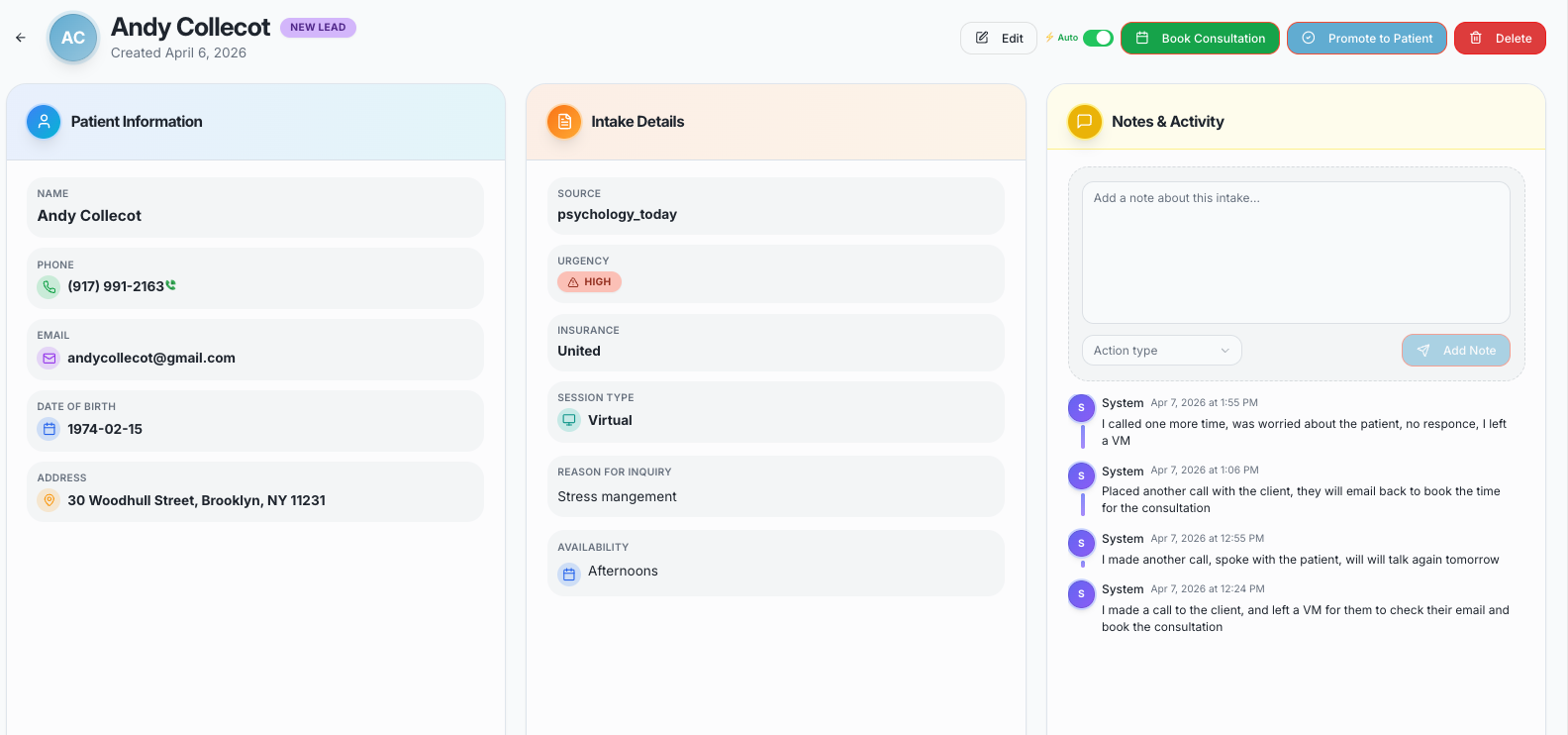 Patient detail — info, onboarding context, and AI-logged notes
