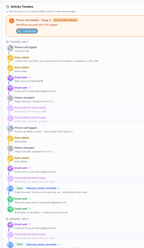 Rosie activity timeline — chronological onboarding log showing all outreach events